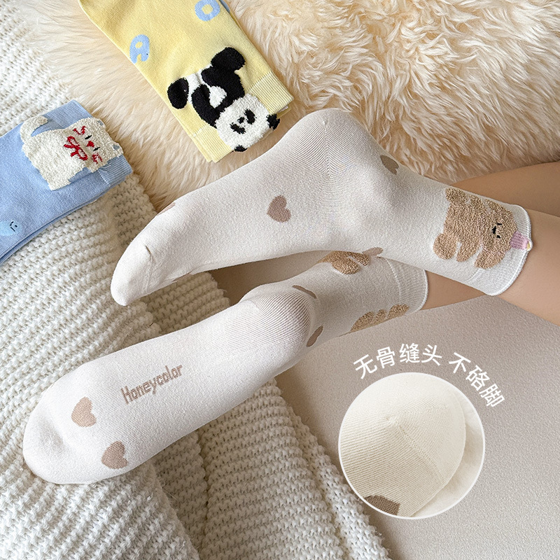 可爱袜子女2025春秋新款彩色系动物立体风熊猫小狗无骨堆堆袜中筒|undefined