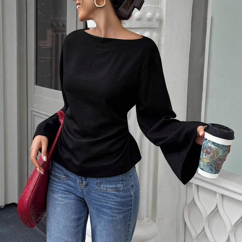 2025 European and American Autumn and Winter New Style Flared Long-Sleeve Top, Cross-Border Solid Color Casual Waist-Cinching Boat Neck Plus-Size Women's T-Shirt