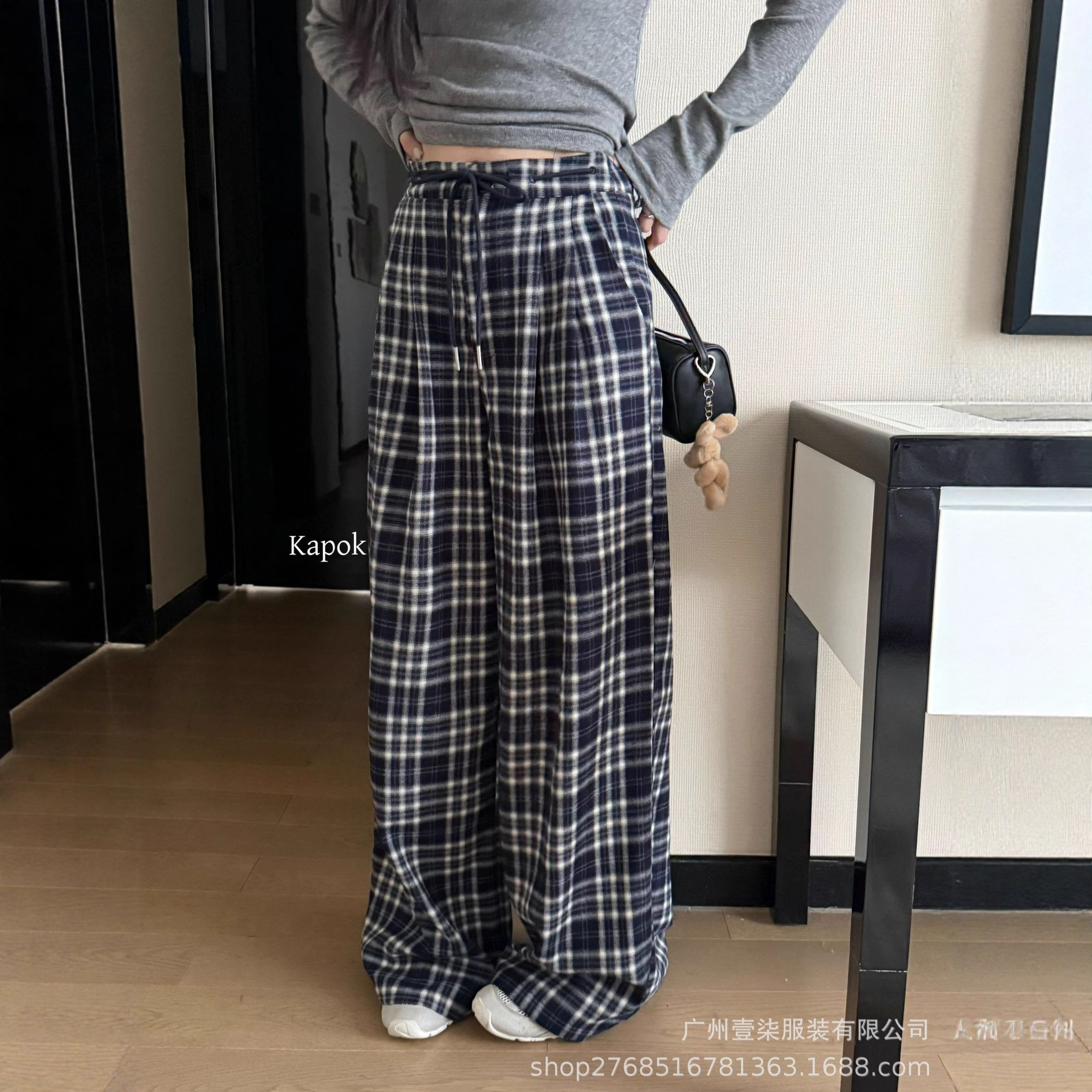 广州十三行【KAPOK】早秋新款磨毛腰头抽绳百搭格子休闲长裤25750