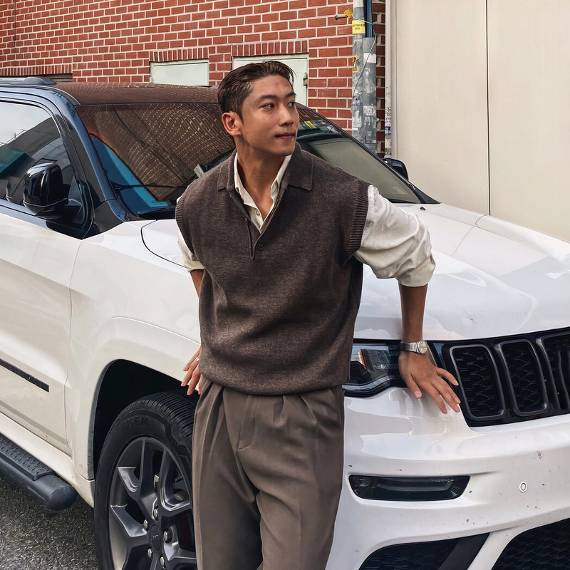 Brown Melard Sleeveless Sweater Vest for Men, Spring and Autumn, Old Money Style, Light Luxury Knit Vest with Turn-down Collar, Layered Wear