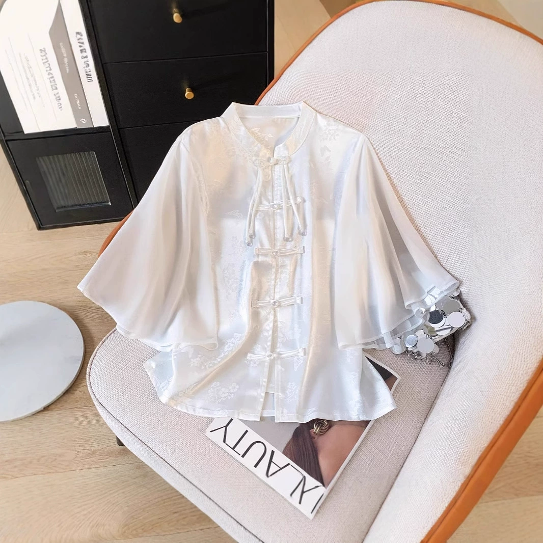 Новая женская шифоновая рубашка с коротким рукавом в китайском стиле, национальный дизайн, пуговицы-диски, лето 2025, новый дизайн