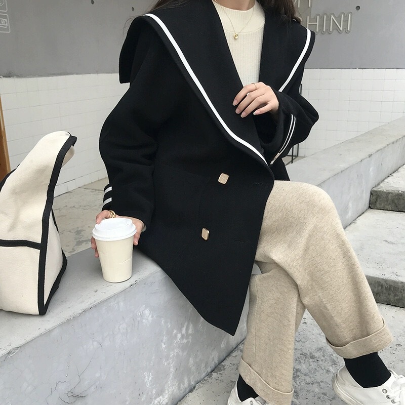 Korean Instagram Early Winter Outfit, Age-Reducing Sailor Collar Women's Loose Double-Breasted Japanese Style Petite Woolen Coat