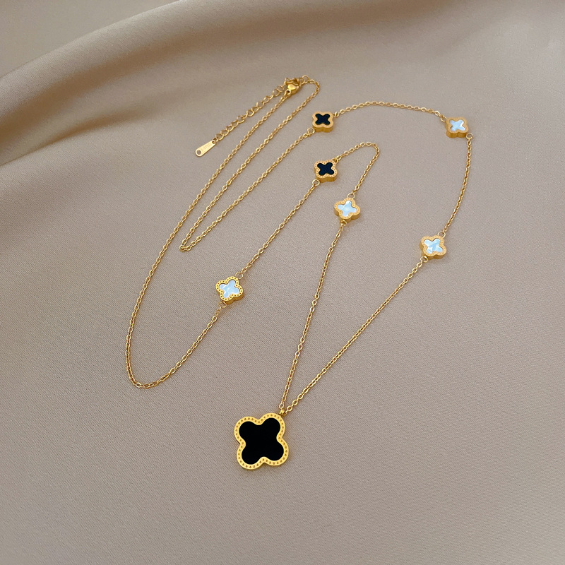 Lucky Grass Double Sided Necklace Minimalist Real Gold Chain_voghion.com