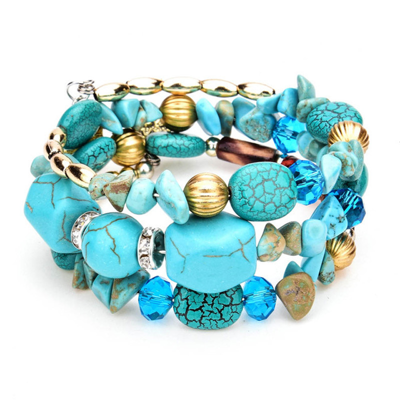 Aliexpress Popular Bohemian Retro Crystal Agate Turquoise Beaded Multi-Layer Wrapped Bracelet Elastic Bracelet
