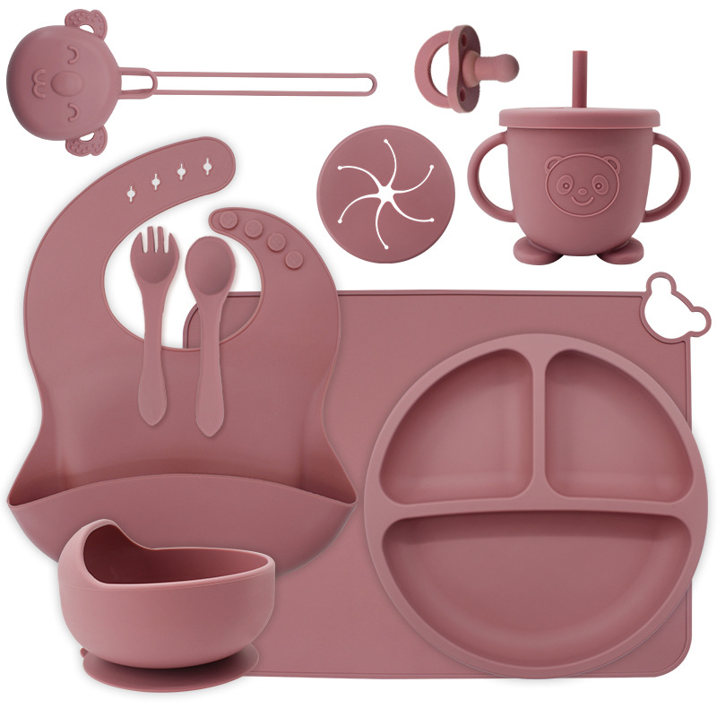 Juego de vajilla de silicona de una pieza, juego de diez piezas, plato de alimentación complementaria para bebés de seis meses, tazón de alimentación independiente para bebés