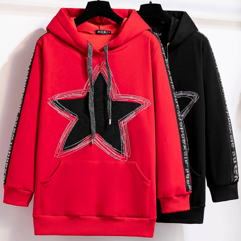 2023 осенне-зимний новый свитер с пятиконечным звездным узором, Женское пальто с капюшоном, новое свободное толстое пальто на флисовой подкладке