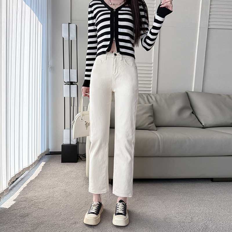 Zippered Apricot-Colored Three-Proof Jeans, High-Waisted, Loose-Fitting, Slimming, Versatile Straight-Leg Cigarette Pants for Women, Wholesale