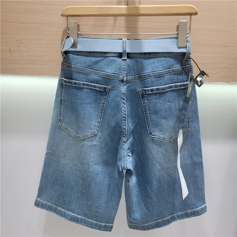 Pantalones Cortos Denim de Cinco Puntos de Mezclilla Elástico, Bordado Calado