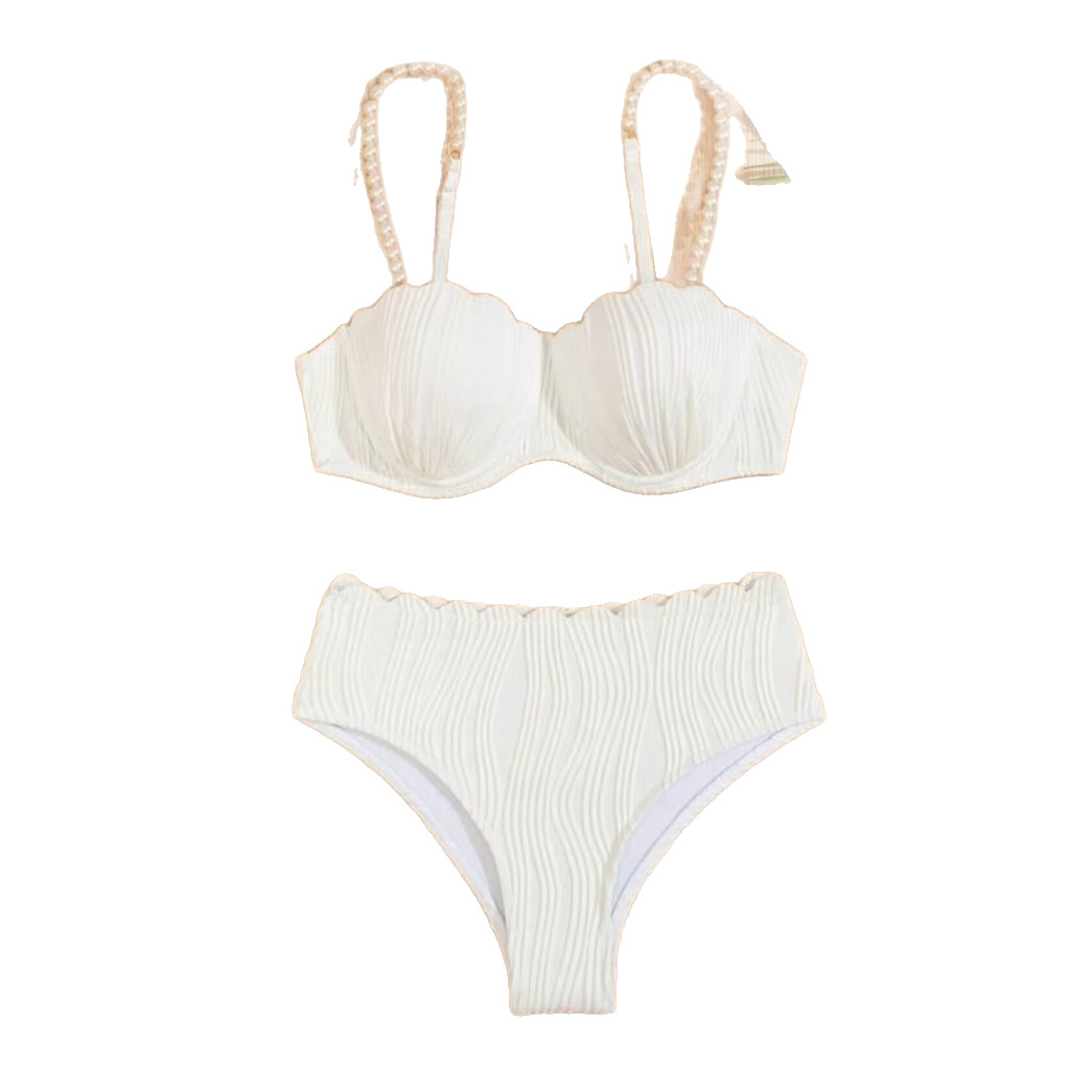 Bikini-Set in Unifarbe – Sexy Triangel-Top mit Muschelmuster und hochgeschnittenes Höschen für Damen (Schwarz/Weiß, Polyester-Spandex-Mischung, mit Bügeln)_voghion.com