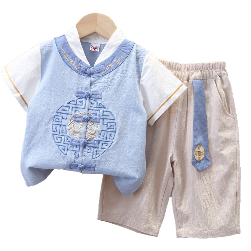 Children's Clothing for Boys, Hanfu Summer Thin Style Ancient Costume Two-Piece Set, New Traditional Chinese Style Gentleman's Tang Suit with Cross-Collar