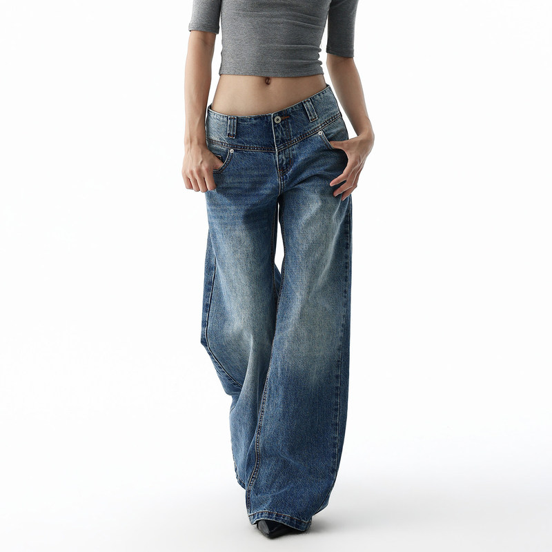 Stylish low to mid-rise wide-leg jeans for women, autumn loose fit, slimming design, super good-looking, non-clingy, straight-leg pants for trendy girls