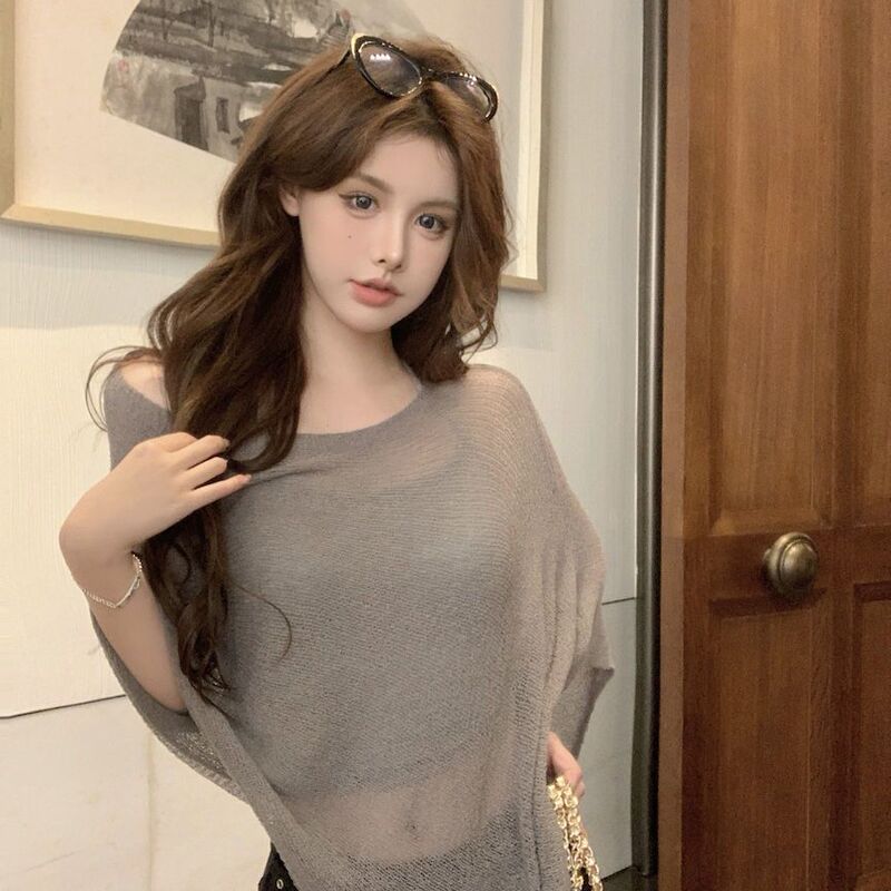 Irregular One-Line Collar Slanted Shoulder Cape Sun Protection Shirt for Women Summer Loose Lazy Style Thin Ice Silk Sweater Top
