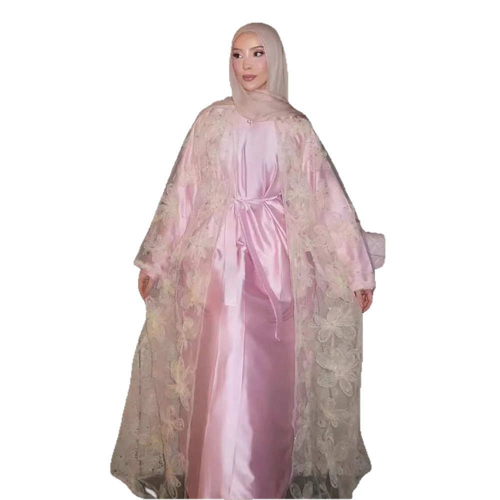 Women's Pink Embroidered Cardigan Robe Dress Innerwear Set Tie Waist Middle East Dubai 2025 Autumn New Fashion Muslim Clothing_ecoleips.com