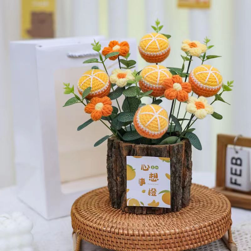 Caqui hecho a mano trenzado girasol ramo creativo frutas bayas tejido lana adornos