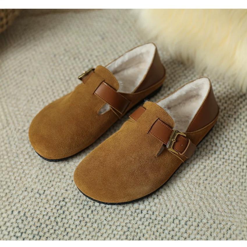 Genuine Leather Birkenstock Shoes for Pregnant Women, Fleece-Lined, Full-Coverage Slip-On Flat Shoes, Outdoor Women's Shoes, Large Size Shoes, Round Toe Flat Shoes