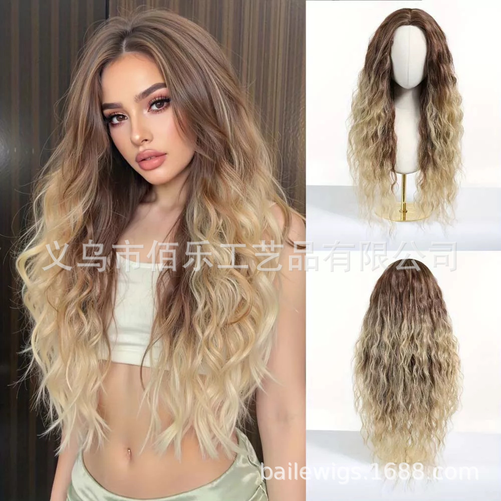 Pequeña pelucca de cabello de mujer cubierta de cabello negro marrón medio largo rizado Xuchang pelucca fibra química pelucca de mujer en stock