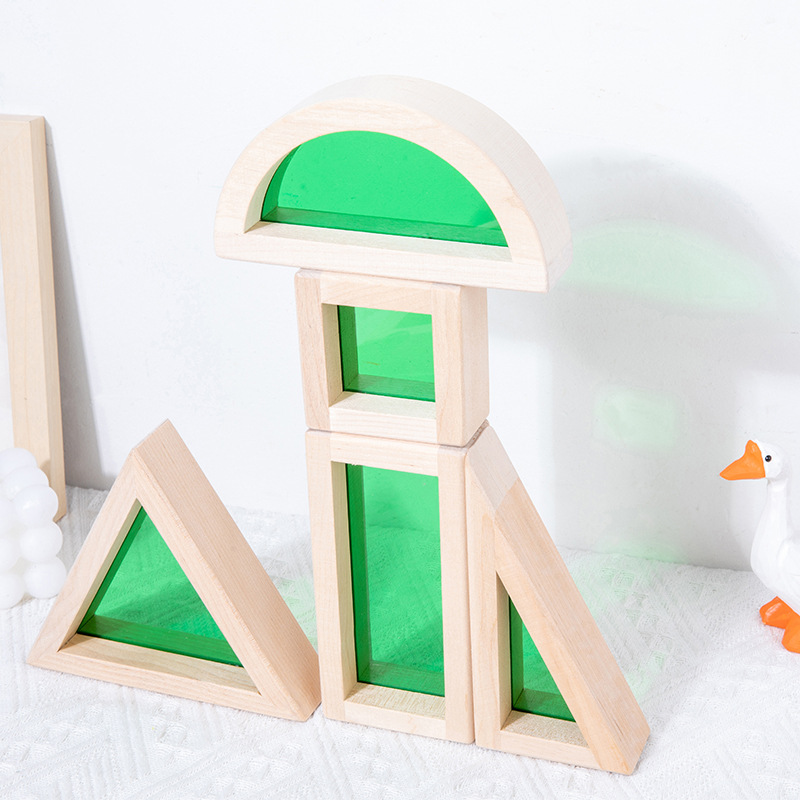 Madera sólida granular acrílica de madera para niños arcoíris bloques de construcción de bebés creativos para construir juguetes transparentes
