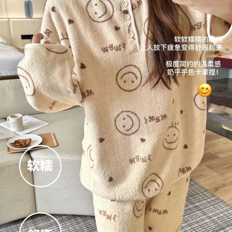 2026 Home Wear High-End Winter Long-Sleeved Pants Coral Korean Style Thickeneded Pajamas Women's Snow Velvet Suit