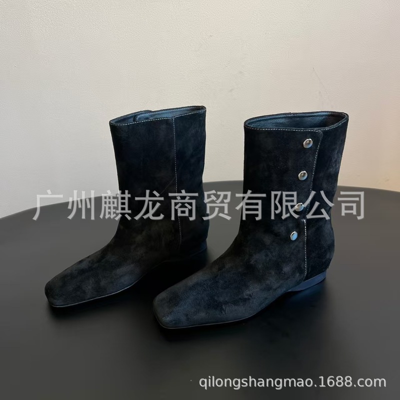 高端小众2025秋冬真皮方头复古多排扣内增高套筒短靴切尔西靴单靴|undefined
