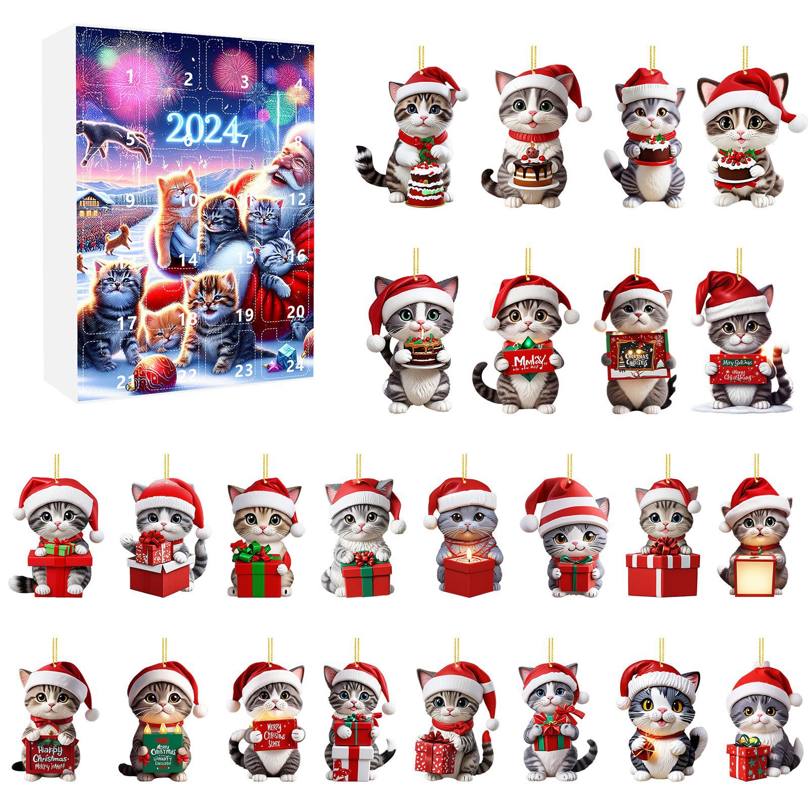 thumbnail image 1 of Calendario de Adviento de Navidad Calendario de cuenta regresiva de Navidad Caja sorpresa Caja sorpresa de Navidad Árbol de Navidad Decoración acrílica Colgante de gato, 1 of 5