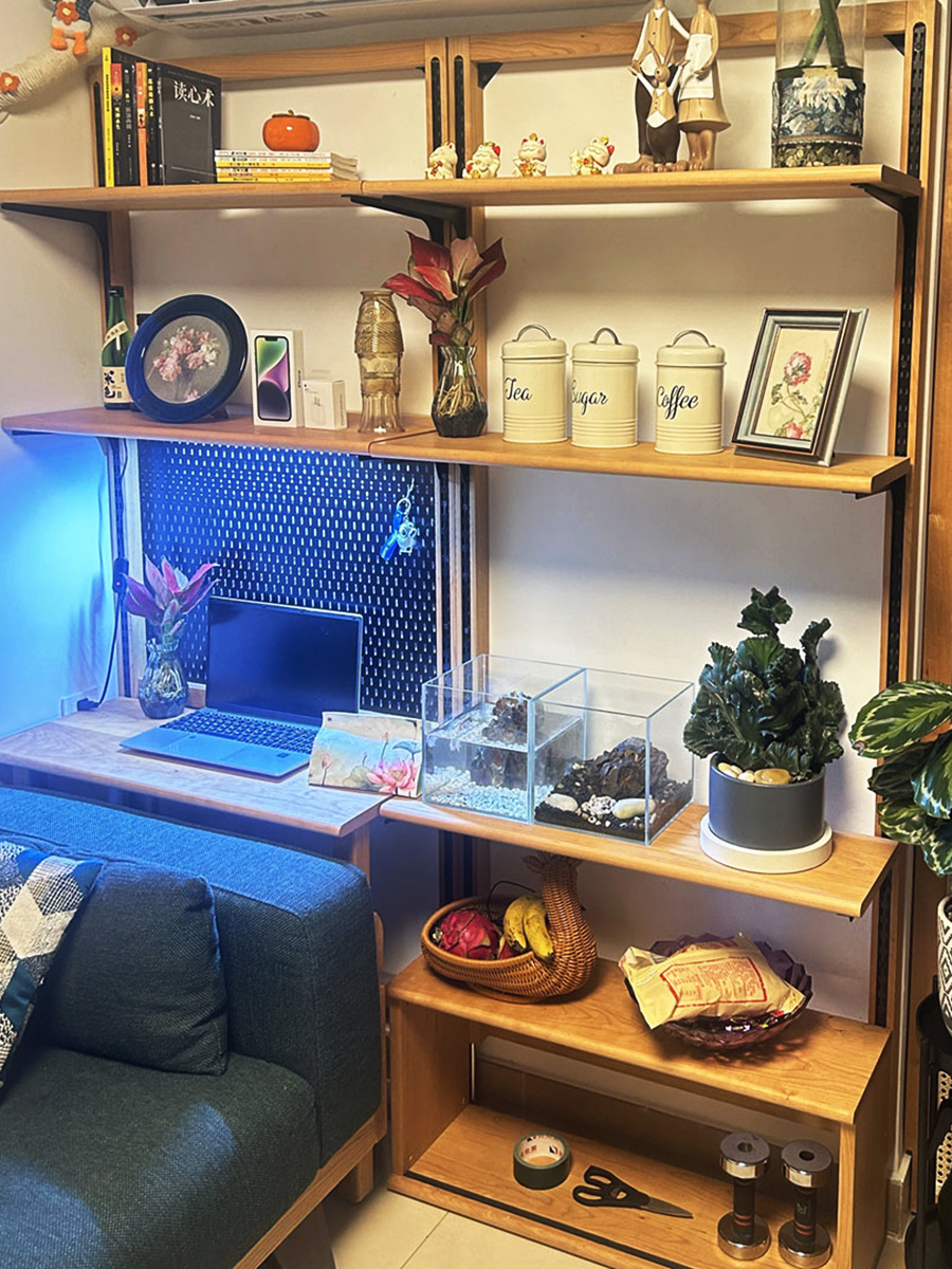 I1樱桃木落地书架客厅书房墙面收纳隔板挂墙系统书桌后洞洞板置物