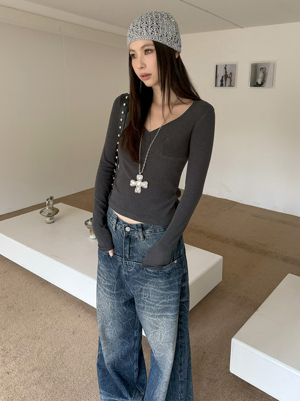 MMFISH时髦休闲白色V领针织衫女修身显瘦打底衫长袖T恤25T499|undefined