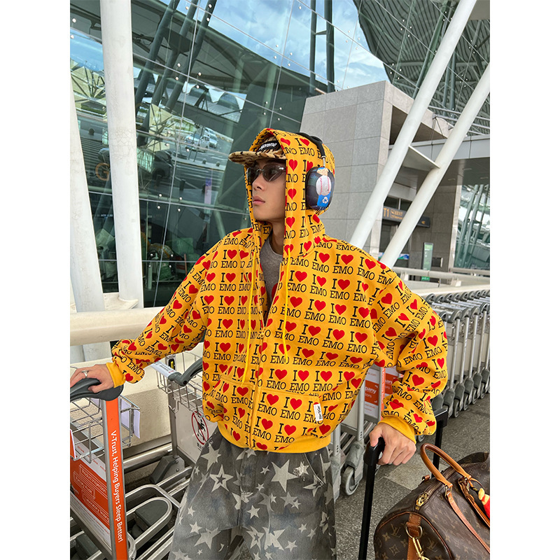 Heavyweight American Retro Letter Heart Long-Sleeve Sweatshirt Cardigan for Men and Women, Spring and Autumn Loose Casual Versatile Trendy Jacket