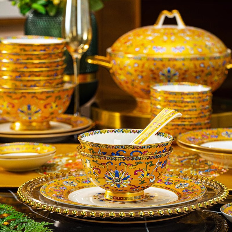 Palace style gold enamel color bowls and dishes suit household bone china bowls and dishes chopsticks free combination Jingdezhen ceramic tableware