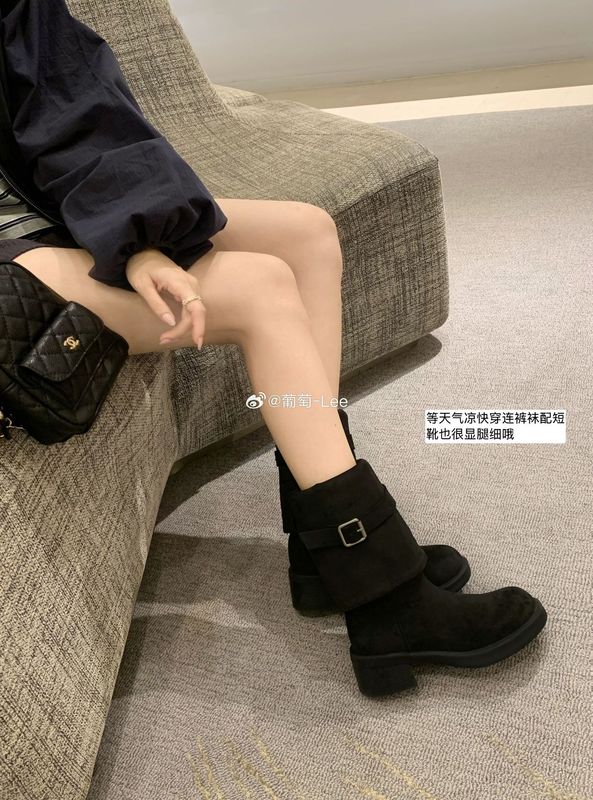 牛皮版~葡萄妈同款绒面翻折厚底裤管靴女新款圆头中筒靴马丁靴子|undefined