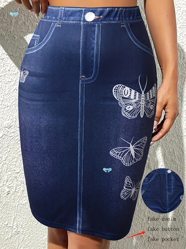 Elegant High Waist Butterfly Print Skirt Faux Denim