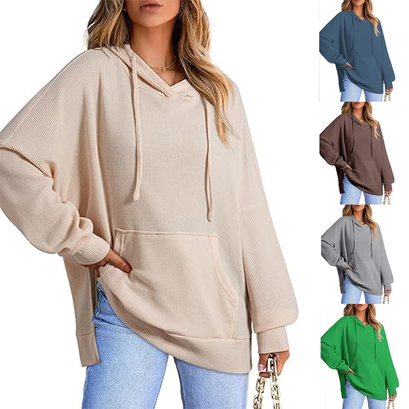 2026 Autumn/Winter Amazon Women's Hoodie Waffle Knit Side Slit Pullover Sweatshirt with Pockets Long Sleeve