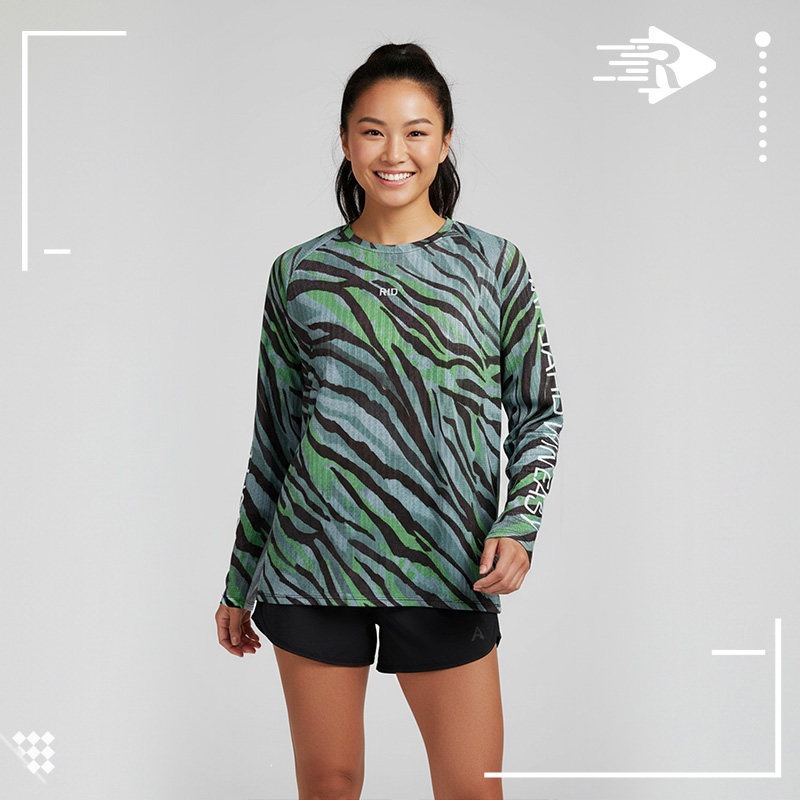 Green striped quick-dry long-sleeve running shirt, cycling downhill shirt, sports outdoor loose-fit wide T-shirt