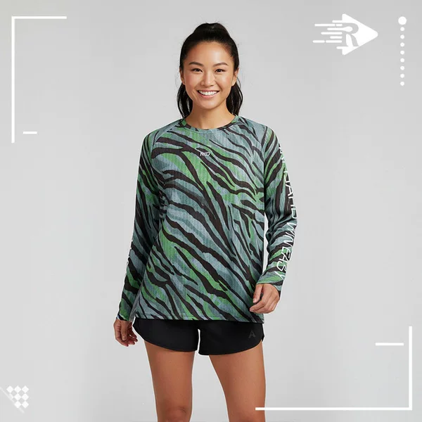 Green striped quick-dry long-sleeve running shirt, cycling downhill shirt, sports outdoor loose-fit wide T-shirt