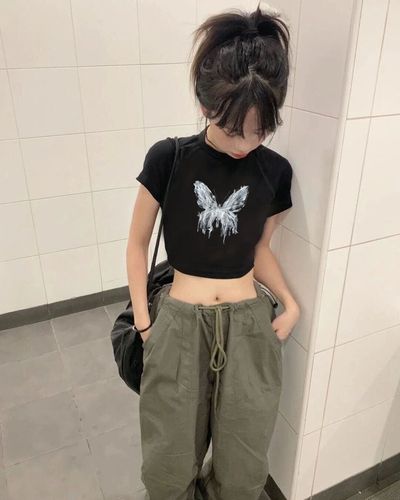 32 pieces of pure cotton sweet and cool butterfly square-shoulder short-sleeve women's summer niche unique slim-fit short top