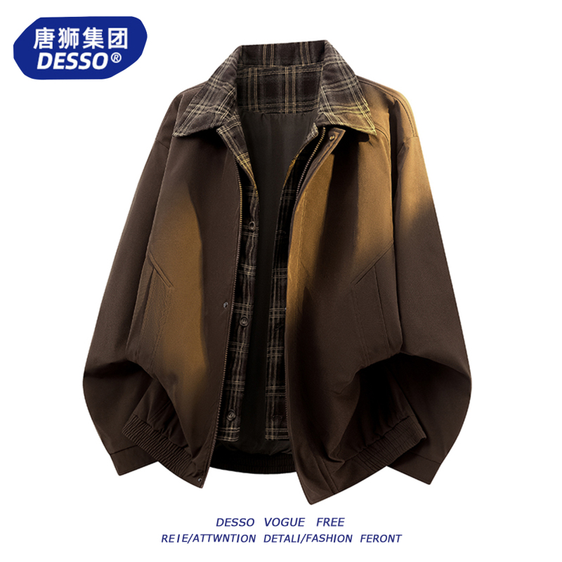 Tangshi Group Desso American Brown Plaid Fake Two-Piece Lapel Jacket Men's Spring and Autum Jacket
