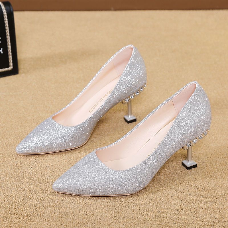 Silver High Heels Women's Cat Heels 2025 New Medium Heels French Rhinestone Stiletto Heels 5cm Sexy Sequins 7cm Women's Shoes