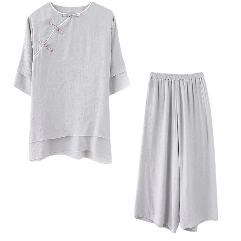 白い禅服、レトロな唐服、綿麻茶服、禅瞑想服、中国風禅女性服2点セット|undefined