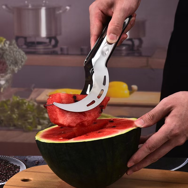 Mayorista de acero inoxidable nuevo sandía cortar pulpa de doble cabeza sandía artefacto de corte de fruta tenedor de fruta artefacto de corte de fruta