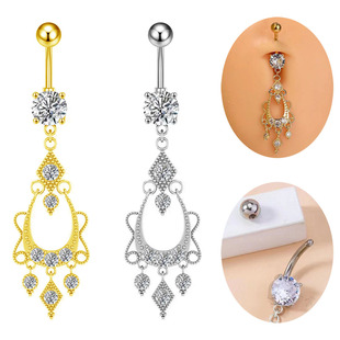 Cross-border e-commerce hot long inlaid zircon navel ring palace wind body piercing jewelry European and American fashion navel ring