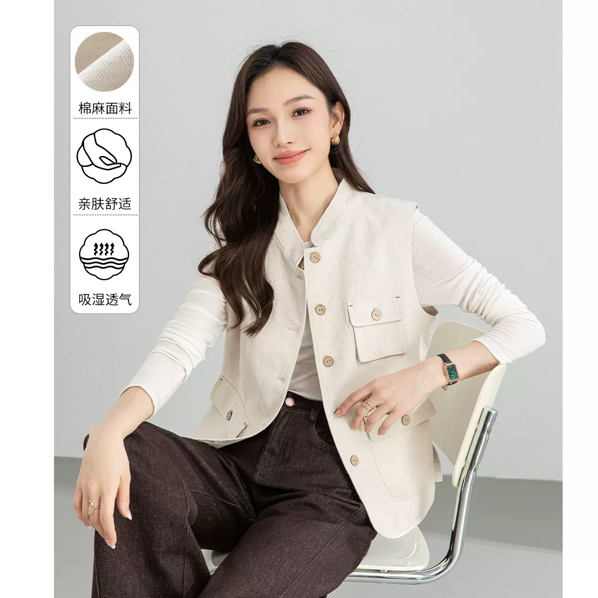 鑫阁日系复古棉麻马甲女款2026新款春无袖坎肩叠穿上衣设计感小众