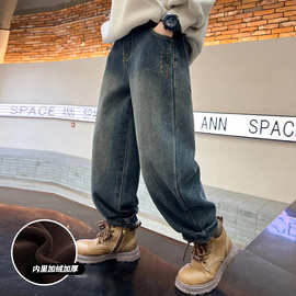 男童冬季加绒牛仔裤2025新款中大儿童运动休闲加厚保暖刺绣长裤子