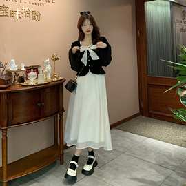 2025秋装大码女装新款胖mm假两件丝绒连衣裙女蝴蝶结上衣拼接裙子