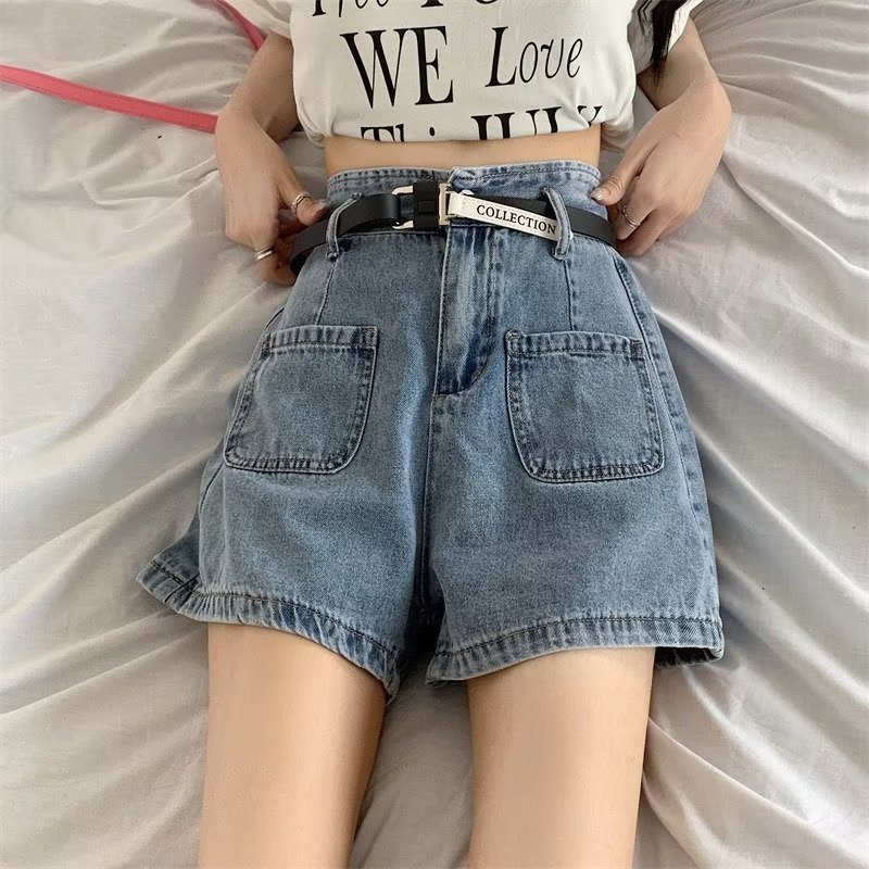 Pantalón Corto de Mezclilla de Tiro Alto para Mujer Poliéster Cintura alta, Microelástico