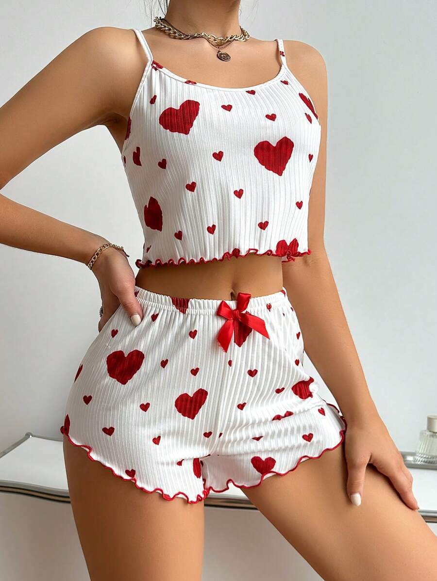 Heart Shape Pattern Home Women's Sweet Heart Shape Polyester Shorts Sets Pajama Sets