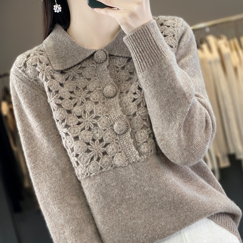 Handmade Crochet 100% Wool Sweater for Women, POLO Collar, Solid Color, Thickened, Loose Cashmere Knit Base Layer Handmade Crochet 100% Wool Sweater for Women, POLO Collar, Solid Color, Thickened, Loose Cashmere Knit Base Layer