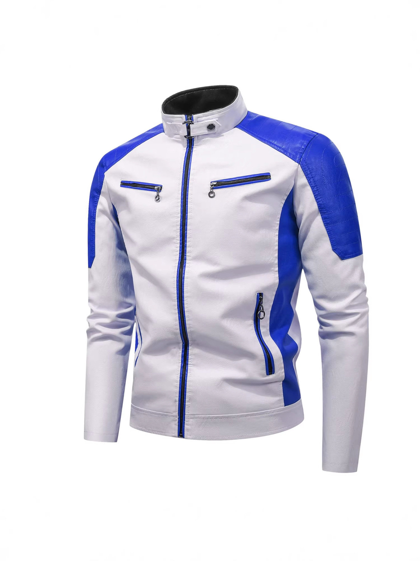 2026 primavera y otoño locomotora casual chaqueta de cuero empalmado chaqueta de cuero de moda masculina de collar retró cálida chaqueta de cuero