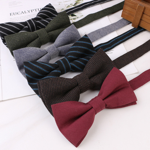 Men's business formal wedding cotton imitation wool striped solid color bow tie fashion trend direct wholesale