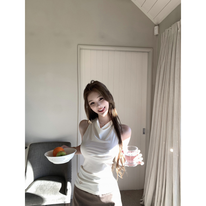 In-Stock Lyocell Tencel Backless Sexy T-Shirt for Women, Summer Scoop Neck Ruched Spicy Girl Sleeveless Waist-Cinching Tank Top