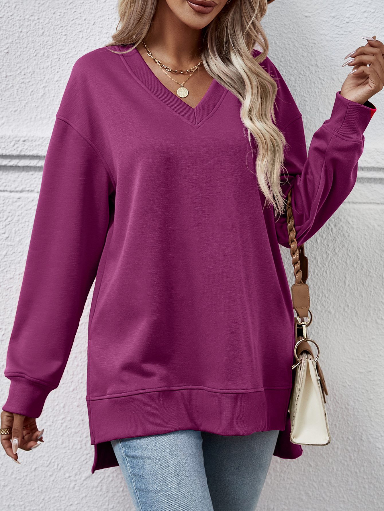 Women's autumn and winter women's sweatshirt solid color V-neck slit front short back long top_voghion.com