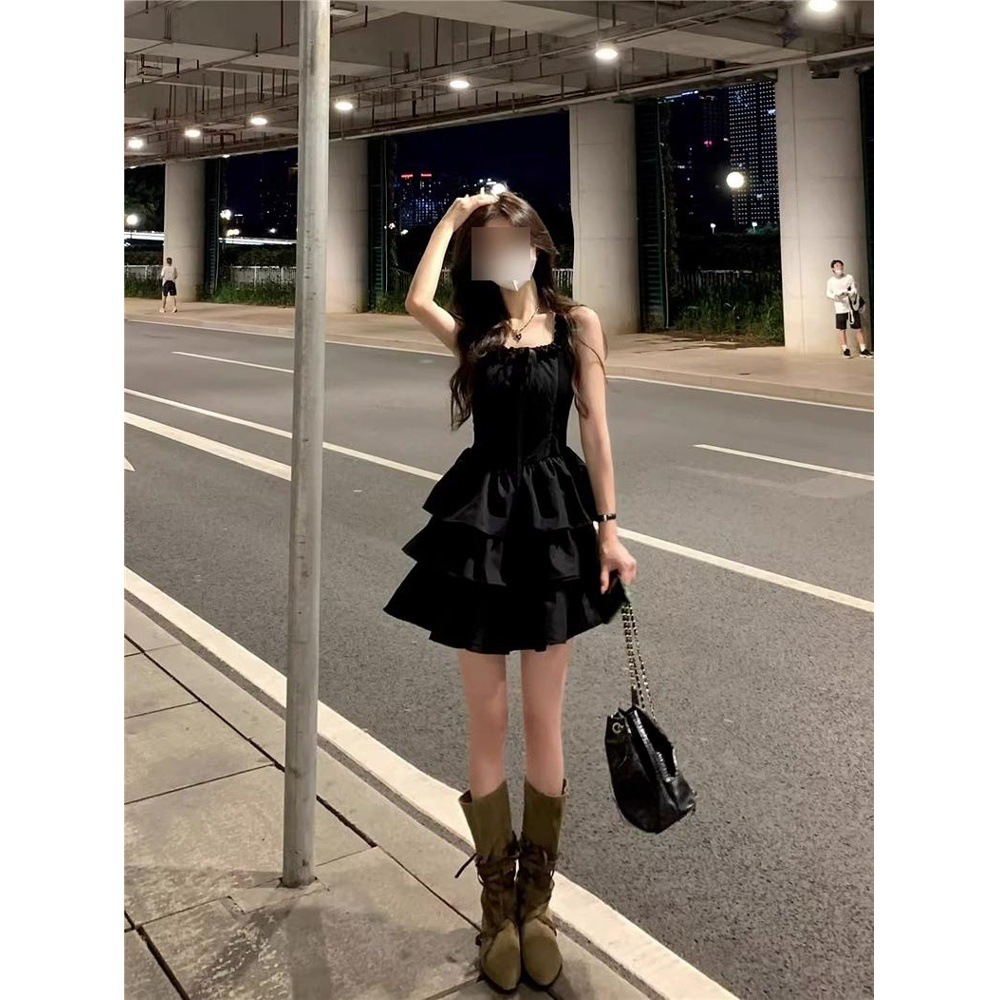 새로운 봄 프랑스 스타일 블랙 슬링 원피스 어린이 여름 허리 우아한 프랑스 스타일 슬리밍 우아한 프린세스 폰툰 원피스